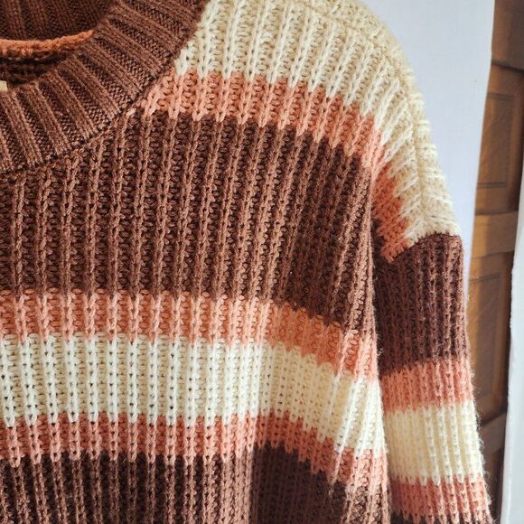 SO MULTICOLORED SWEATER SIZE MEDIUM IVORY BROWN RUST LONG SLEEVE ROUND COLLAR - Picture 3 of 7